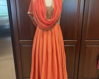 Orange Anarkali Suit with Embellished Bodice and Dupatta