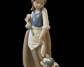 Lladro Girl Holding Flowers with Puppy