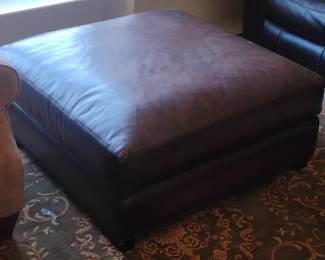 Large Square Tufted Leather Ottoman with Nailhead Trim