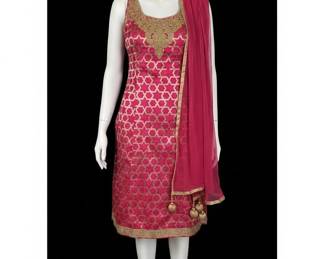 Pink Brocade Kurta Set with Gold Geometric Pattern and Dupatta