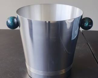 Art Deco Style Silver-Plated Ice Bucket with Cobalt Blue Glass Ball Handles