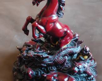 Red Resin Horse, Dragon, and Pig Figurine with Chinese Coins