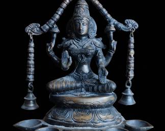 Brass Lakshmi Diya Lamp with Hanging Bells