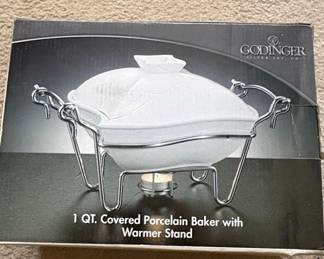 Godinger 1 Qt. Covered Porcelain Baker with Warmer Stand