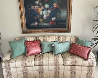 Vintage Floral Upholstered Sofa with Decorative Pillows