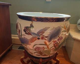Vintage Chinese Export Porcelain Fish Bowl with Lotus and Bird Motif on Carved Wooden Stand