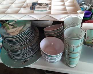 Set of plastic dishes - all brand new - lighthouse pattern