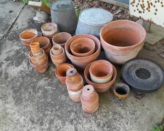 Clay pots, galvanized pails
