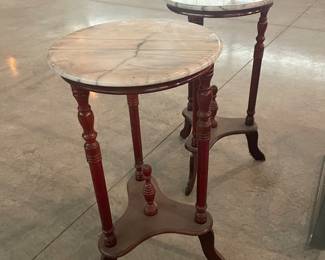 Pair of Vintage Marble Top Side Tables – Wood Pedestal End Tables: Beautiful matching pair of vintage marble top side tables—classic, timeless pieces that elevate any space.  Each table features a solid wood pedestal base with elegant turned legs and a genuine marble top. The natural stone adds a high-end feel while the wood brings warmth and character.