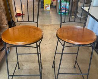 Set of 2 Bar Stools – Metal Frame + Wood Seats