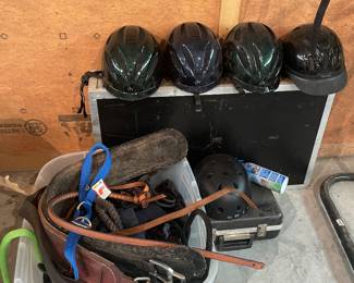 Ov  riding helmets, horse bridles, halters, leads and reins.