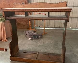 Vintage high top bar: Beautiful antique wooden bar with incredible character and craftsmanship. This piece features a solid wood build, decorative scalloped edges, and a classic pedestal base with a built-in footrest.  This is not a reproduction—this is a true vintage piece with history and presence.  Perfect for:• Home bar setup• Boutique or retail counter• Salon or studio• Wedding or event display• Rustic / farmhouse interiors