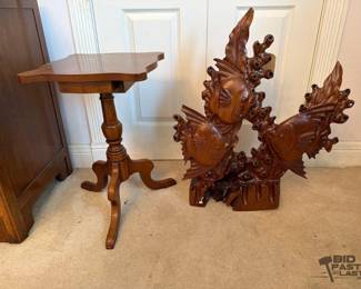 2008  Vintage Drexel Heritage Wooden End Table and Wooden Fish Carving
