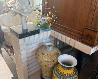 1016  2 Decorative Vases, Woman Sculpture with Marble Base, Decorative Fake Plants