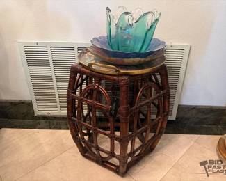 1315  Rattan Side Table, Serving Tray, Decorative Bowls