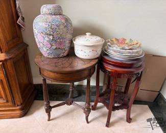 1116  2 Wooden Side Tables, Stoneware Casserole Dish, Decorative Plates