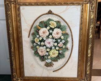 1303  Framed Capodimonte Porcelain 3D Floral Wall Plaque