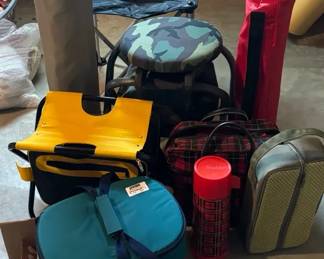 Camping and Picnic gear Including Aladdin Picnic Set, Pyrex Portables, Chairs and Stools