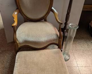 Louis XV Style Armchair, Ottoman  Gold Tooled Leather Top Accent Table