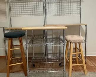 Metal And Wood Bakers Rack , Bar, Kitchen Cart, 3 Wood Stools