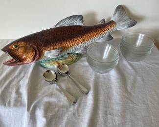 Vintage Ceramic Fish Soup Tureen, Bowls,  Spoons