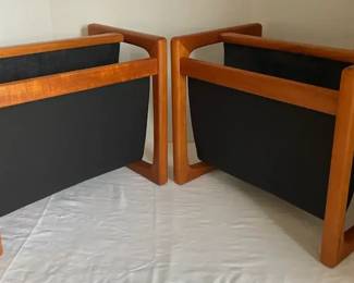 Pair of Midcentury Wood  Black Leather Magazine Racks
