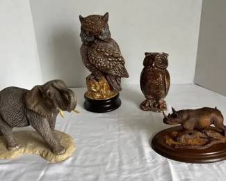 HandCast Sculptures, Elephant, Rhino, Owls