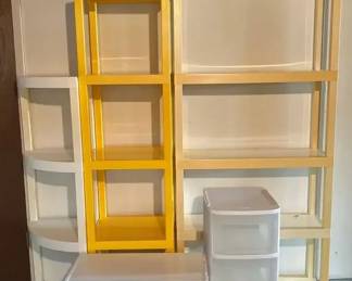 Plastic Shelves Yellow Square Shelf, Corner Shelf, Sterilite 3 Tiered Drawer Storage on Wheels
