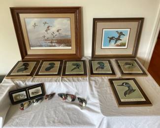 Two Signed  Numbered Duck Art Prints, Avon Collectible Duck Figurines, Coasters, Wood Art Prints