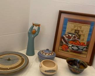 Celestial Earthwork Figure, Ceramic Bowls, Clock And A Handmade Southwest Themed Tapestry