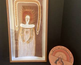 Queensland Australia Aboriginal Hand Painted On Wood Piece And Plate