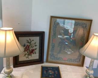 Two Small Lamps And Three Hand Embroidered Pictures