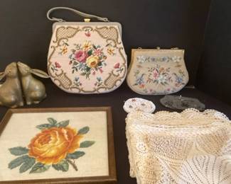 Embroidered Purses, Brass Bunny Bookends , Doilys And More