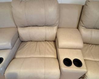 R1 - $350 Each. *2 Available* Haverty's Motion Leather Reclining Sofa. 3 seats - both ends are recliners. Moves in 5 Pieces. Assembled it is 113" long x 38" deep x 38" tall. Floor to Seat is 18.5".  These are located on the 3rd floor. YOU NEED 2 STRONG PEOPLE to move!