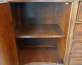 R11 - $750. Michael Amini Signature Series by AICO Hazelnut “Villagio” table & chairs wood dining table set & china cabinet.  Table does have some surface scratches and Table has 6 upholstered chairs and extendable leaf for flexible sizing. \  DIMENSIONS:  China Cabinet  Dimensions: 88 1/2"H x 66"W x 19"D Features Built in 3-mood touch lighting system