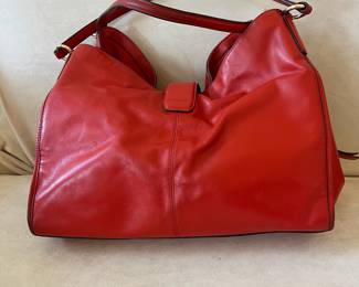 R46 - $80. Coach Carlyle Shoulder Bag Hobo Tote. Cherry Red with Gold Turnlock. Measures 14" wide x 4" deep x 11" tall. 