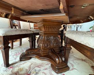 R11 - $750. Michael Amini Signature Series by AICO Hazelnut “Villagio” table & chairs wood dining table set & china cabinet.  Table does have some surface scratches and Table has 6 upholstered chairs and extendable leaf for flexible sizing. Chairs have leaf patterned fabric seats and backs, with carved wood frames.  DIMENSIONS:   Table w/ leaf 84” L x 60” W x 31”H  Leaf 24”W  Arm Chair  Seat 27.25”W x 24.25 D x 45”H  Side Chair Seat 24”W x 24.25 D x 45”H Floor to seat 19”  China Cabinet  Dimensions: 88 1/2"H x 66"W x 19"D Features Built in 3-mood touch lighting system