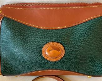 R48 - $30. Vintage Dooney & Bourke Green & Tan Crossbody Bag. Measures 10" wide x 7" tall x 3" deep. 