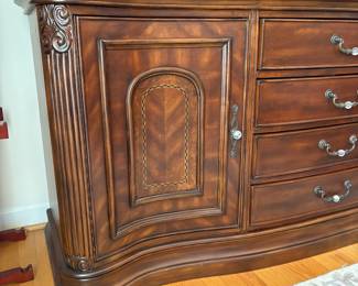 R11 - $750. Michael Amini Signature Series by AICO Hazelnut “Villagio” table & chairs wood dining table set & china cabinet.  Table does have some surface scratches and Table has 6 upholstered chairs and extendable leaf for flexible sizing. \  DIMENSIONS:  China Cabinet  Dimensions: 88 1/2"H x 66"W x 19"D Features Built in 3-mood touch lighting system