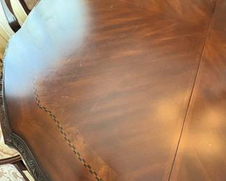 R11 - $750. Michael Amini Signature Series by AICO Hazelnut “Villagio” table & chairs wood dining table set & china cabinet.  Table does have some surface scratches and Table has 6 upholstered chairs and extendable leaf for flexible sizing. Chairs have leaf patterned fabric seats and backs, with carved wood frames.  DIMENSIONS:   Table w/ leaf 84” L x 60” W x 31”H  Leaf 24”W  Arm Chair  Seat 27.25”W x 24.25 D x 45”H  Side Chair Seat 24”W x 24.25 D x 45”H Floor to seat 19”  China Cabinet  Dimensions: 88 1/2"H x 66"W x 19"D Features Built in 3-mood touch lighting system