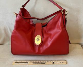R46 - $80. Coach Carlyle Shoulder Bag Hobo Tote. Cherry Red with Gold Turnlock. Measures 14" wide x 4" deep x 11" tall. 