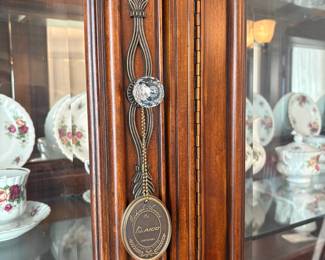 R11 - $750. Michael Amini Signature Series by AICO Hazelnut “Villagio” table & chairs wood dining table set & china cabinet.  Table does have some surface scratches and Table has 6 upholstered chairs and extendable leaf for flexible sizing. \  DIMENSIONS:  China Cabinet  Dimensions: 88 1/2"H x 66"W x 19"D Features Built in 3-mood touch lighting system