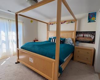 R7 - $150. Cindy Crawford Home King Canopy Bed. Measures 80.25" wide x 87.25" deep x 85.5" tall. Has sticker residue on the headboard. Mattress is included if you want it! Located on the 2nd story. 