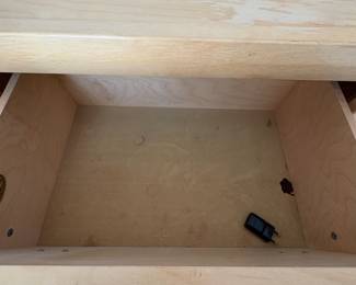 R6 - $100 PAIR of Cindy Crawford Home Large Nightstands. Measures 30" wide x 16.75" deep x 29.25" tall. Both have significant wear on the tops but the drawers all slide. 