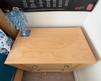 R6 - $100 PAIR of Cindy Crawford Home Large Nightstands. Measures 30" wide x 16.75" deep x 29.25" tall. Both have significant wear on the tops but the drawers all slide. 