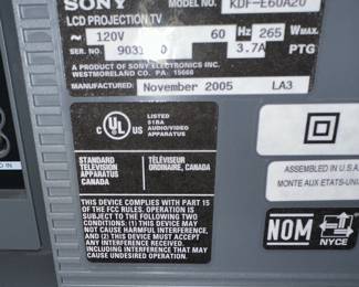 R90 - FREE. YOU MUST MOVE off the 3rd story. It's free if you can move it. Sony LCD Projection TV. 2005 Model. Model # KDF-E60A20. 