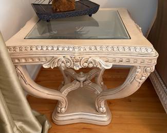 R10 - $1500. Benneti Italia Elegant Living Room Set. Oversized. Has ornate carved wood frames. Includes a comfy sofa, two armchairs, a coffee table with a glass top, and glass top side table. Upholstery is in brown and gold tones. Comes with decorative pillows.  DIMENSIONS:   Sofa approx. 8ft L x 3ft D x 4ft H. Large side chair 60”W x 38”D x 48”H.  Accent chair 31”W x 29”D x 45”H.  Side table 38”W x 38”D x 28”H.  Coffee table 63”L x 41”W x 19.5”H 