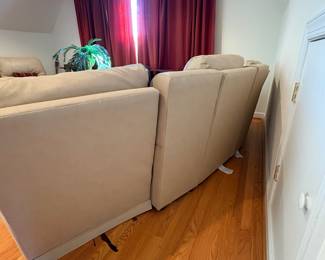 R1 - $350 Each. *2 Available* Haverty's Motion Leather Reclining Sofa. 3 seats - both ends are recliners. Moves in 5 Pieces. Assembled it is 113" long x 38" deep x 38" tall. Floor to Seat is 18.5".  These are located on the 3rd floor. YOU NEED 2 STRONG PEOPLE to move!