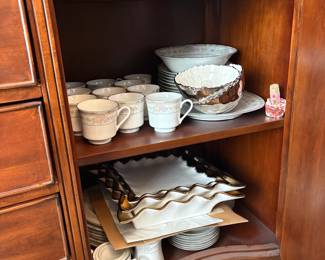 R11 - $750. Michael Amini Signature Series by AICO Hazelnut “Villagio” table & chairs wood dining table set & china cabinet.  Table does have some surface scratches and Table has 6 upholstered chairs and extendable leaf for flexible sizing. \  DIMENSIONS:  China Cabinet  Dimensions: 88 1/2"H x 66"W x 19"D Features Built in 3-mood touch lighting system