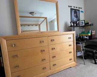 R8 - $100. Cindy Crawford Dresser with Mirror. All drawers slide. Top has significant scratches. Measures 64" wide x 17.75" deep x 39.5" tall. Mirror is 48" wide x 40" tall. 